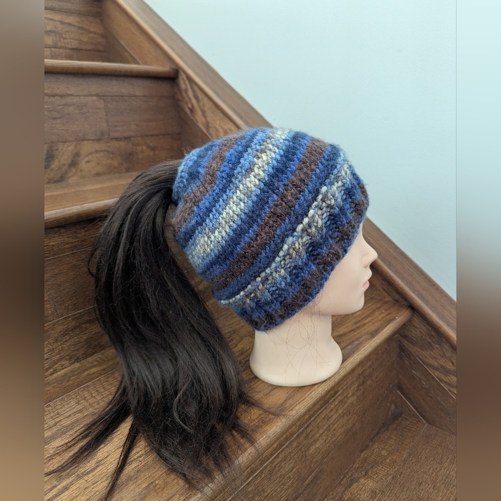 Hand Knit Pony Tail Hat Blue Purple Brown Wool Blend ADULT OS New